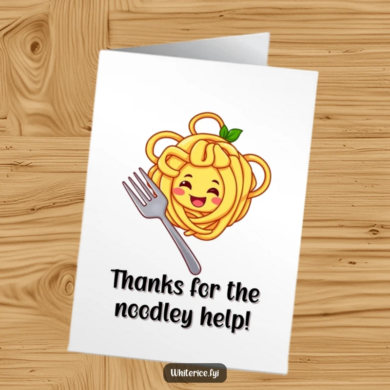 Funny Free Printable thank you card with a joyful yellow noodle character twirling around a fork, offering a fun and lighthearted thanks.