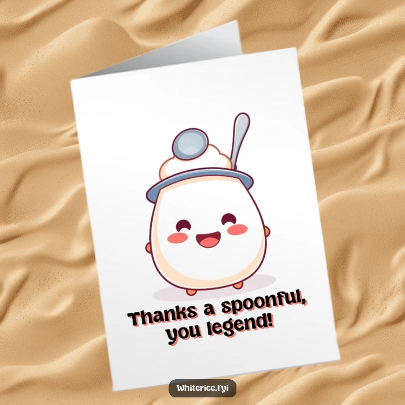 Funny Free Printable Thank You Card: A happy rice pudding wearing a spoon hat, conveying gratitude with a smile.