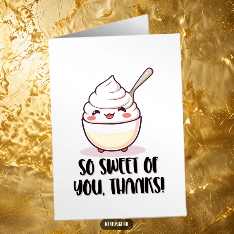Funny Free Printable Thank You Card: A kawaii rice pudding with a happy expression, contentedly spooning itself, a unique thank you.