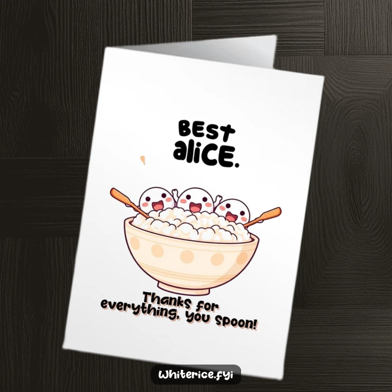 Funny Free Printable Thank You Card of an excited bowl of rice characters cheering loudly with their tiny spoons.