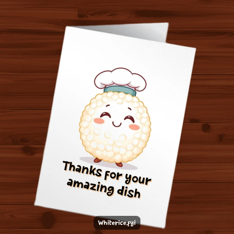 Funny Free Printable Thank You Card: Adorable white rice grain in a chef hat, offering thanks with a happy smile.