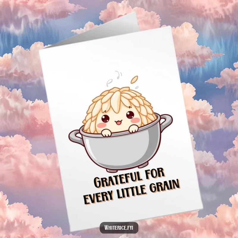 Funny Free Printable Thank You Card: A curious rice grain peeking from a steaming pot, offering thanks.