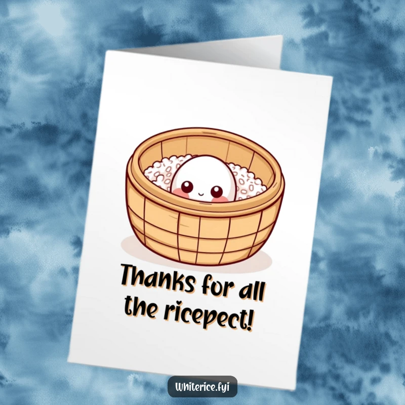 Funny Free Printable Thank You Card: A curious rice grain peeks from a bamboo steamer, offering thanks with a playful, secretive expression.