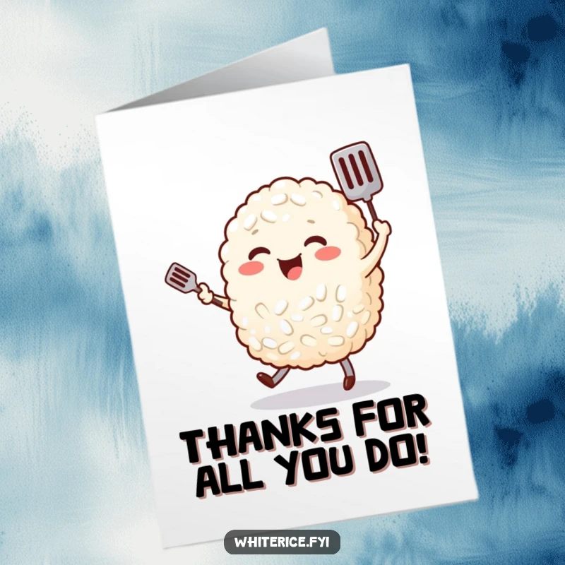 Funny Free Printable Thank You Card: Cheerful rice character dances with a tiny spatula, expressing thanks.