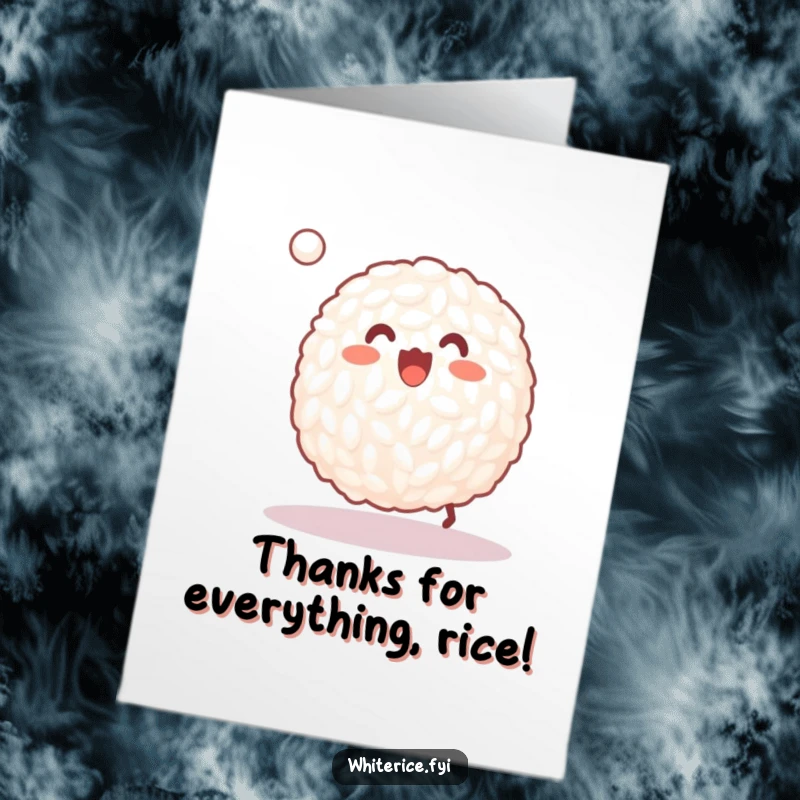 Funny Free Printable Thank You Card: Happy grain of white rice joyfully bouncing a tiny ball, with thanks to you.