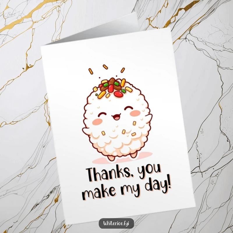 Funny Free Printable Thank You Card: A cute kawaii fried rice character winks, offering thanks with toppings.