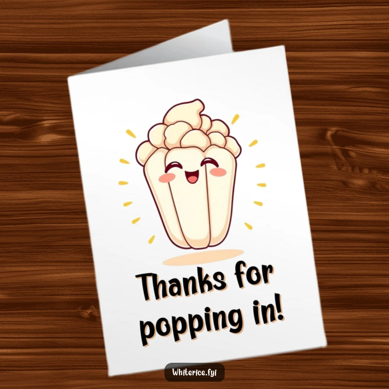 Funny Free Printable Thank You Card: A cute kawaii popcorn kernel popping with a grin, happily thanking you.