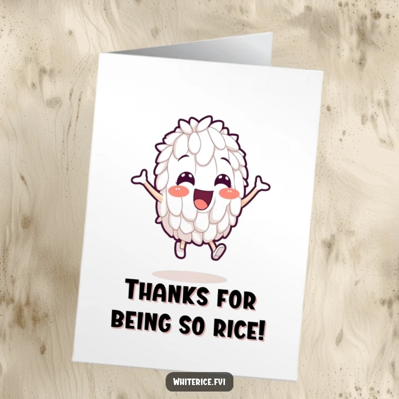 Funny Free Printable Thank You Card: A cheerful white rice grain comically leaping, offering thanks with a downloadable giggle.