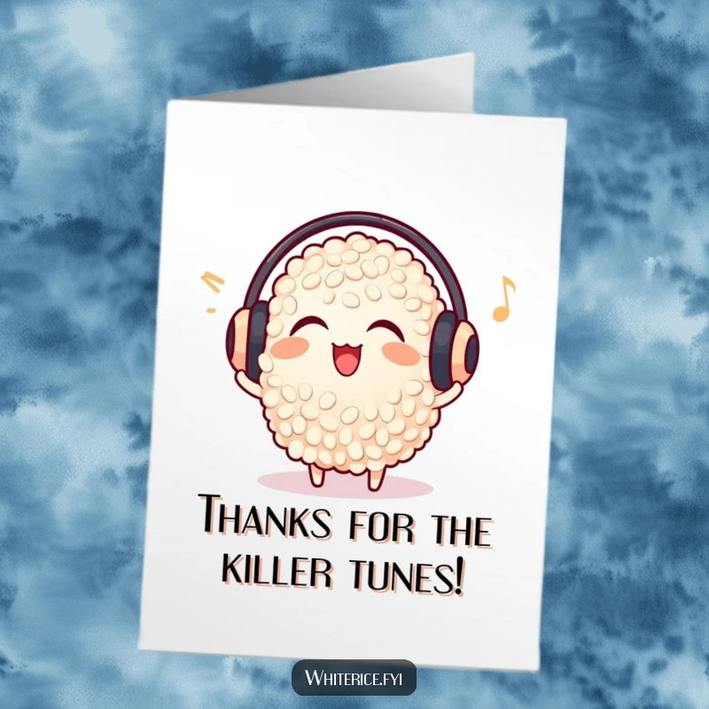 Funny Free Printable Thank You Card: A joyful grain of rice in earmuffs listens to music, sending thanks with a happy rhythm.