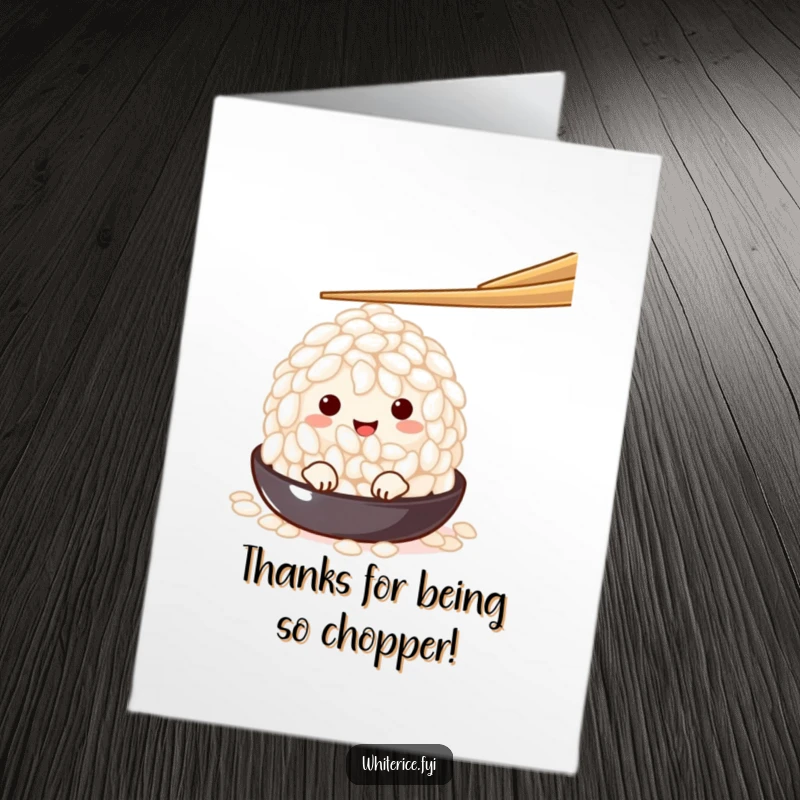 Funny Free Printable Thank You Card: Adorable white rice grain peeking from under a chopstick, offering thanks with a playful gesture.