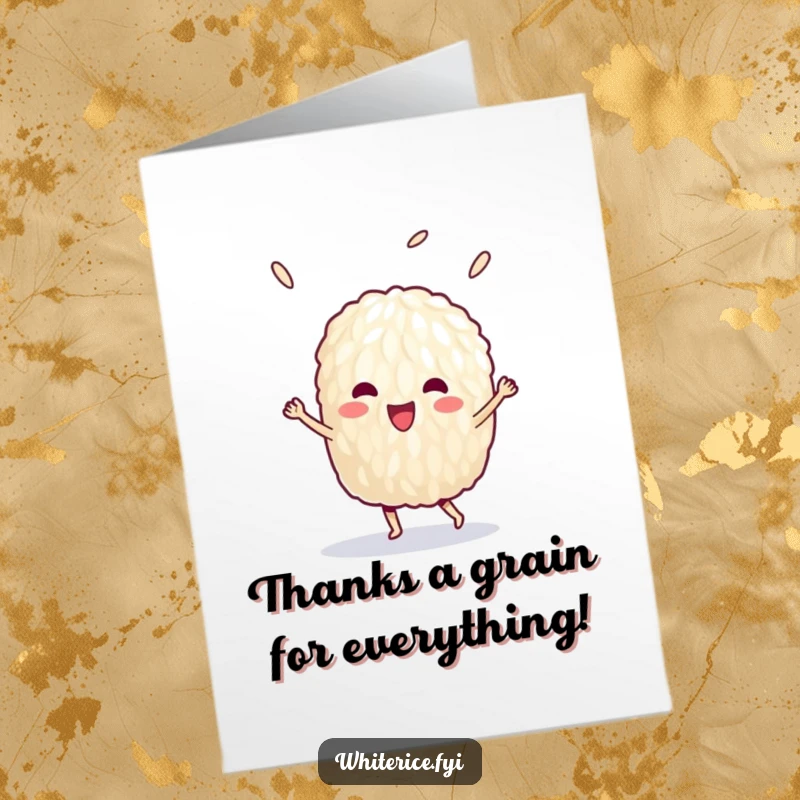 Funny free printable thank you card featuring a delighted single grain of rice celebrating with a victory dance.