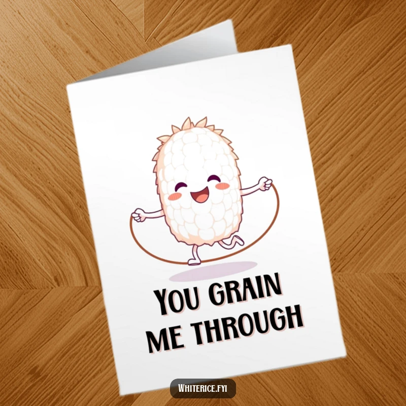 Funny Free Printable thank you card: a happy rice grain joyfully jumps rope, expressing thanks.