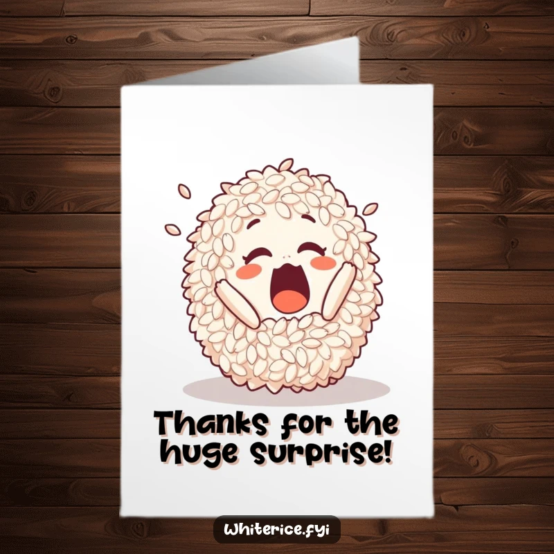 Funny free printable thank you card featuring a surprised pile of rice performing a delightful, comical tumble.