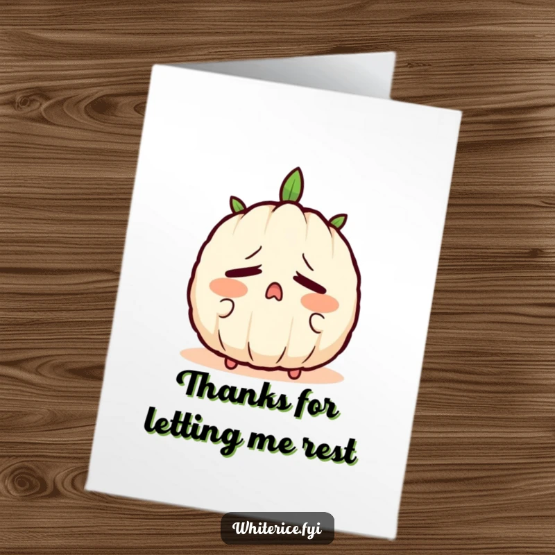 Funny Free Printable Thank You Card of a sleepy rice grain character yawning, conveying calm gratitude.