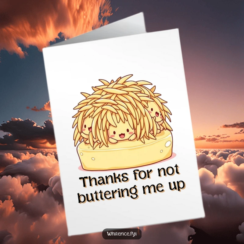 Funny Free Printable Thank You Card showing a bewildered clump of rice characters hilariously slipping on a slick butter surface.