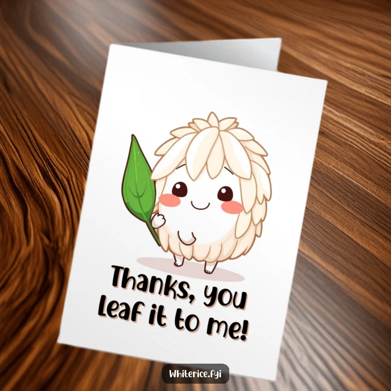 Funny Free Printable Thank You Card: A happy rice character caught mid-spin with a jaunty leaf.