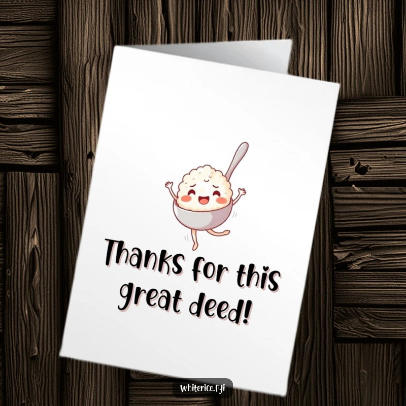 Funny Free Printable Thank You Card: A joyful spoonful of rice twirling in a pirouette, expressing thanks with a downloadable design.