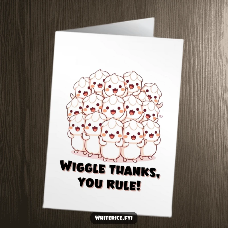 Funny Free Printable Thank You Card: A playful pile of white rice characters in a synchronized wiggle, offering thanks with downloadable fun.