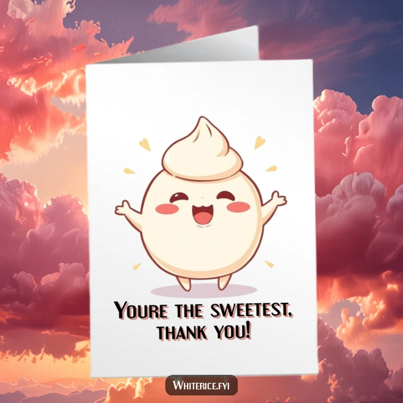 Funny Free Printable Thank You Card: A wobbly rice pudding character jiggling with sincere thanks.