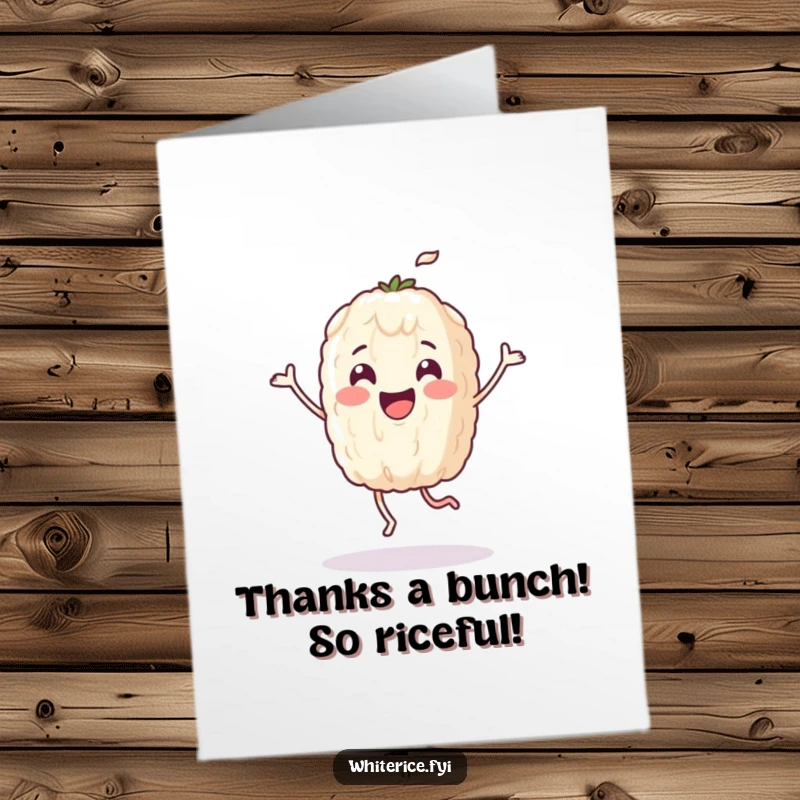 Funny Free Printable Thank You Card depicting a lively rice grain character dancing with pure delight.