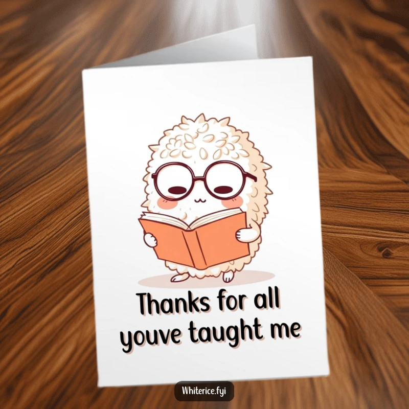 Funny Free Printable Rice Thank You Card: a bewildered rice character wearing glasses while poring over a large tome.