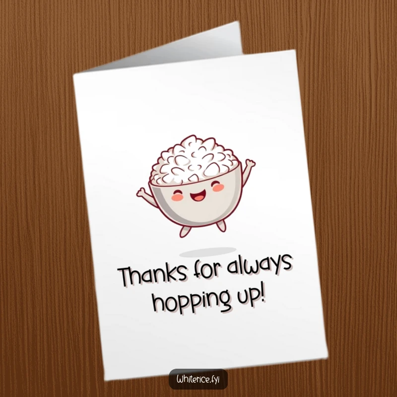 Funny Free Printable Thank You Card featuring a happy bowl of rice performing a playful jump, delivering a spirited thank you.