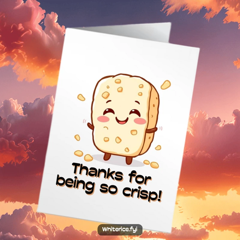 Funny Free Printable Thank You Card: A cheerful rice cracker character giving thanks with a slight crumble.