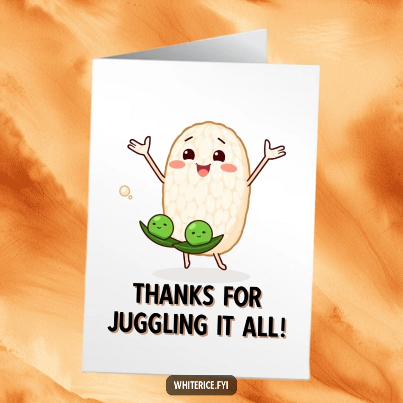 Funny free printable thank you card: a joyous rice grain character juggling peas, sending thanks with a playful flourish.
