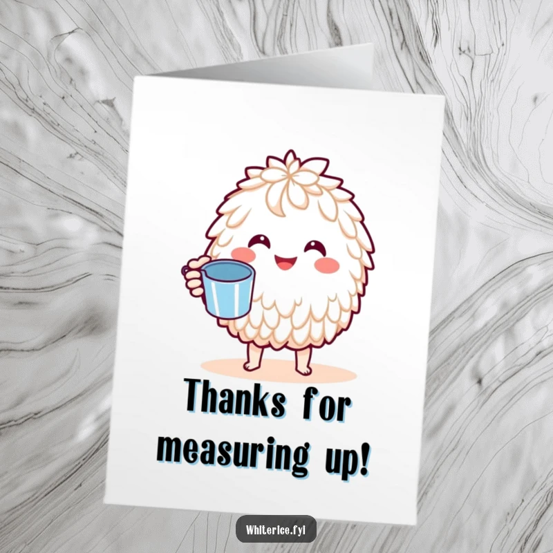 Funny Free Printable Thank You Card: A joyful Kawaii basmati rice character holding a small measuring cup, showing gratitude.