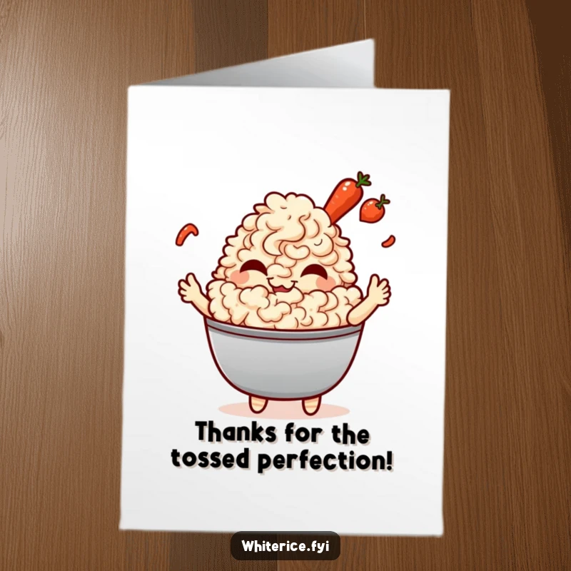 Funny Free Printable Thank You Card: A laughing Kawaii fried rice character tossing tiny vegetables as a fun thank you.
