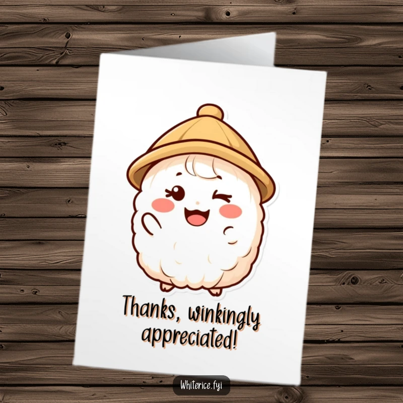 Funny Free Printable Thank You Card: A happy rice character in a hat offers a friendly wink.