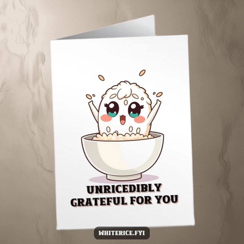 Funny Free Printable Rice Thank You Card: a surprised rice grain character leaping excitedly from a bowl with wide, expressive eyes.