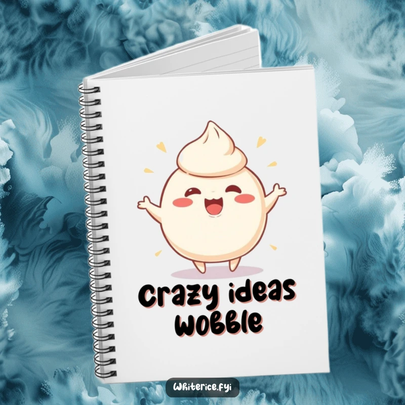 Funny notebook showcasing a playful, wobbly rice pudding character wobbling ecstatically, perfect for jotting down thoughts and dreams.