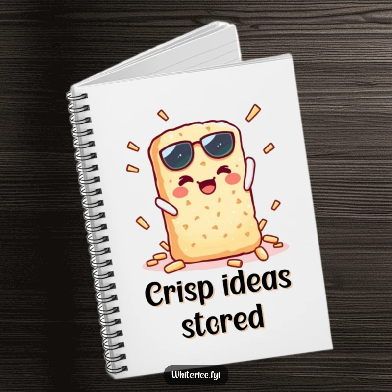 Funny notebook featuring a kawaii rice cracker character in a crisp, triumphant snap, encouraging creative humor.