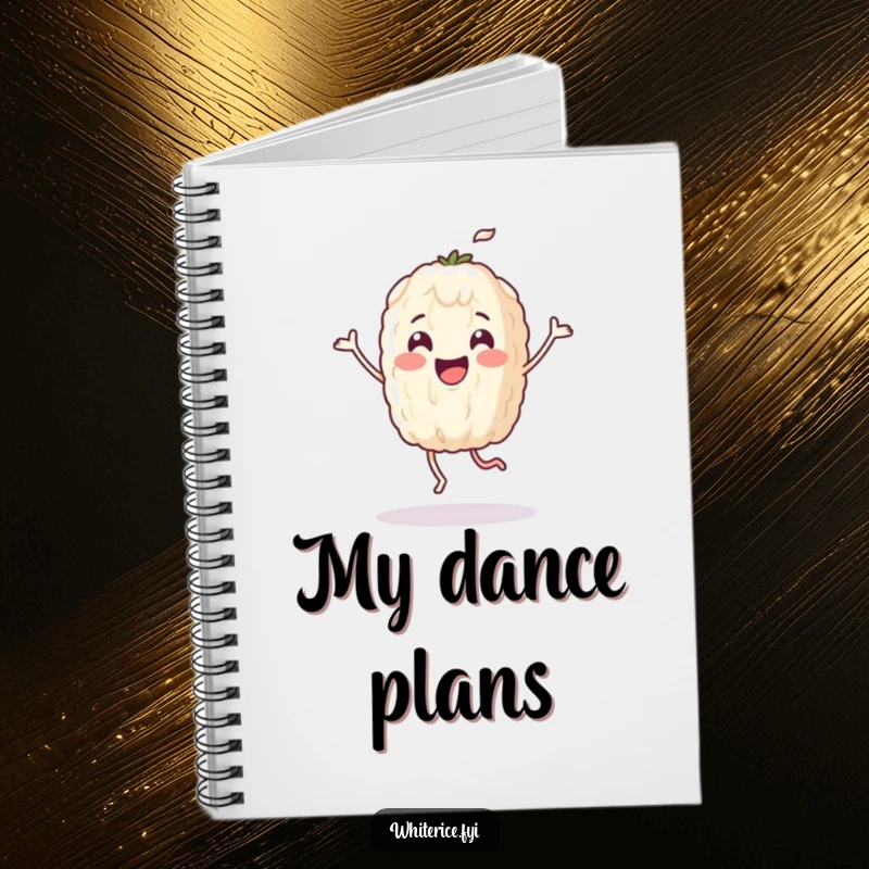 Funny notebook with a cover illustration of a happy rice grain character performing a lively dance, inspiring joyful writing.