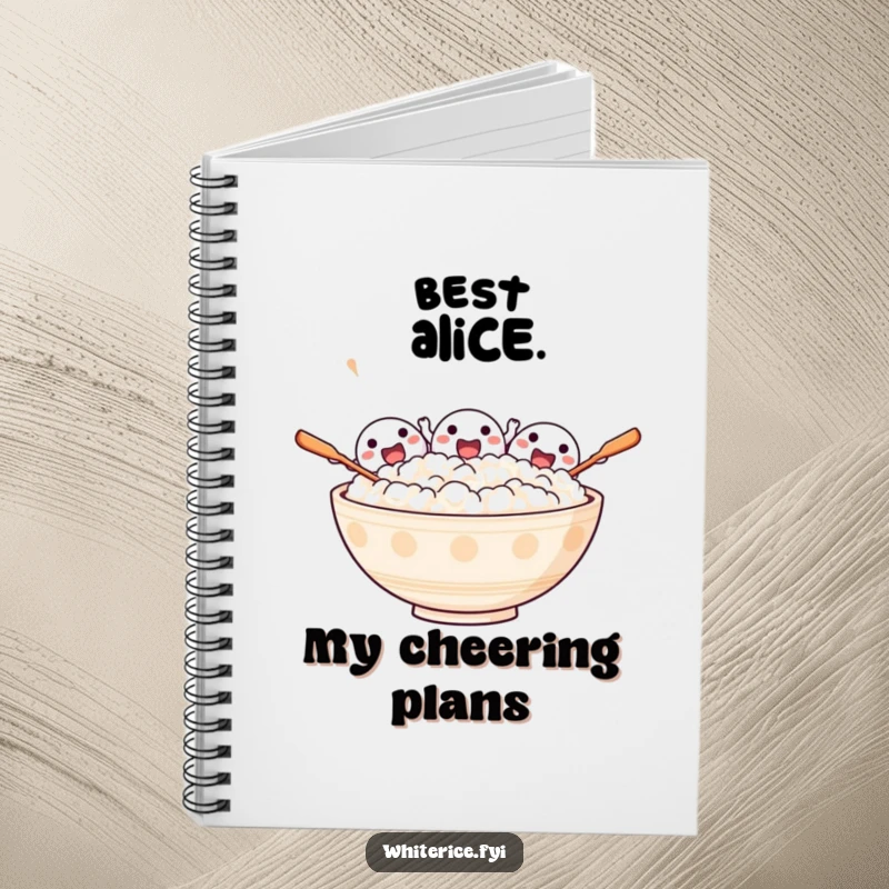 Funny notebook cover with an excited bowl of rice characters cheering, perfect for jotting down enthusiastic ideas.