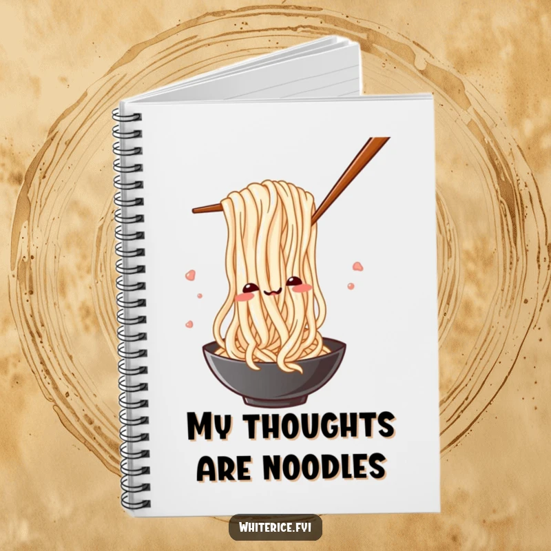 Funny notebook cover with a silly rice noodle playfully weaving through chopsticks, perfect for food enthusiasts.