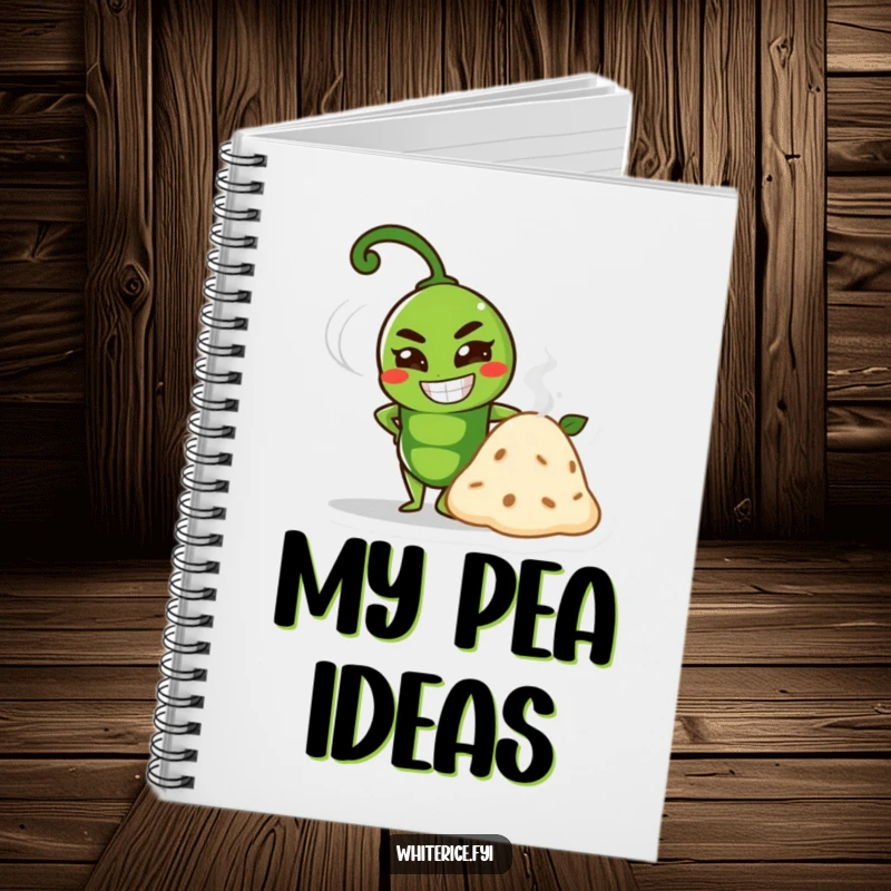 Funny green pea character with a determined grin beside a steaming mound on a funny notebook cover.