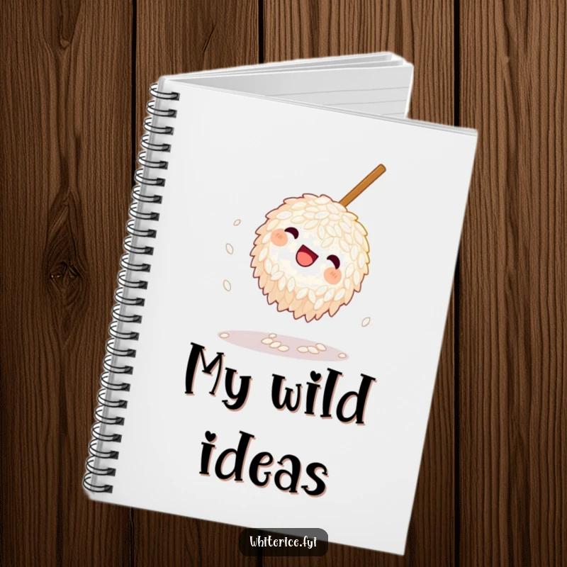 Funny Rice Notebook: A playful grain of rice doing a somersault near a chopstick, inspiring funny notes and whimsical ideas within its pages.