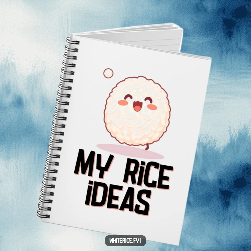 Funny notebook cover with a happy grain of white rice joyfully bouncing a tiny ball, for notes.