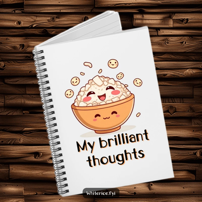 Funny notebook with a giggling rice bowl character juggling smiling rice grains on the cover, perfect for journaling fun.