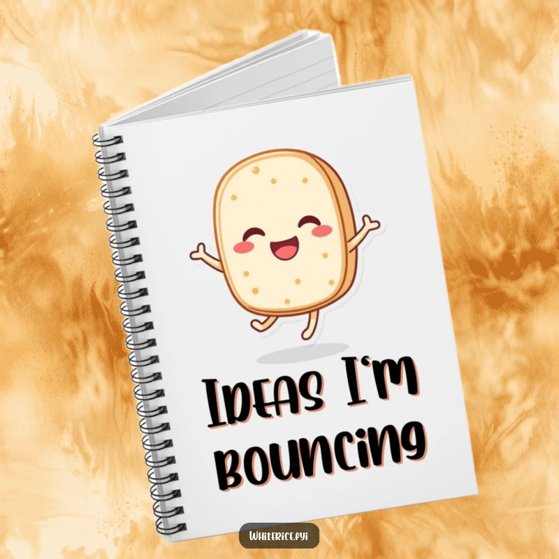 Funny notebook with a happy rice cake character bouncing on the cover, perfect for journaling joyful thoughts.