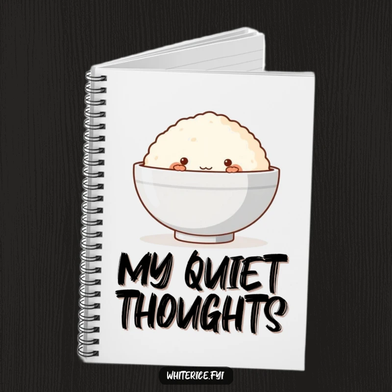 Funny notebook cover with a blushing rice cake shyly peeking from behind a bowl, embodying sweet bashfulness.