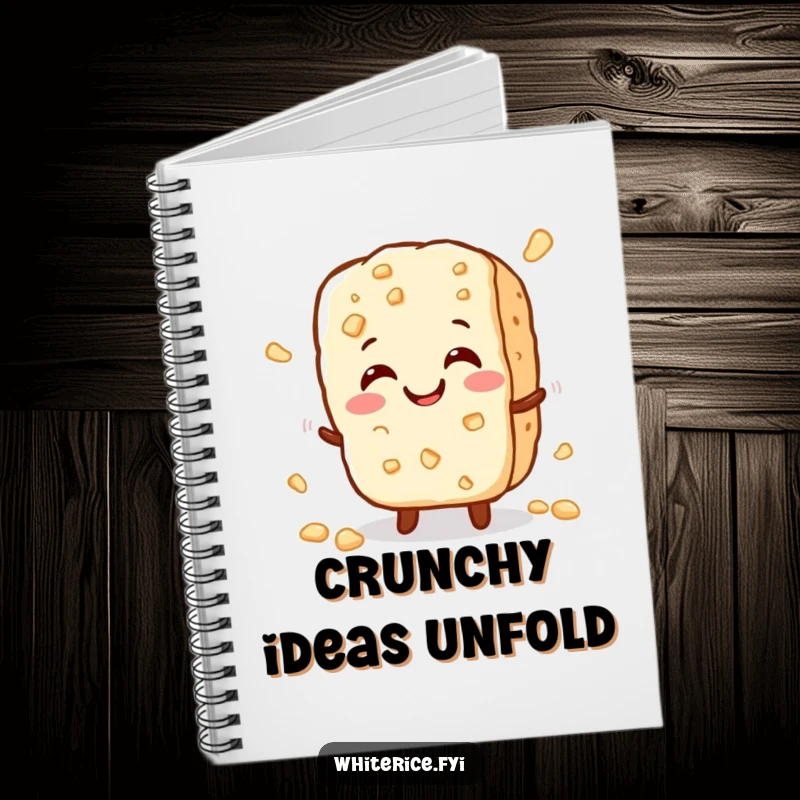 Funny notebook showcasing a cheerful, small rice cracker character crumbles slightly with a happy crunch, perfect for jotting down ideas.