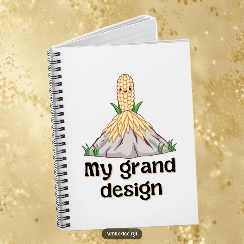 Funny Rice Grain Notebook featuring a proud rice grain on a mountain of rice, perfect for jotting down goals and ideas.