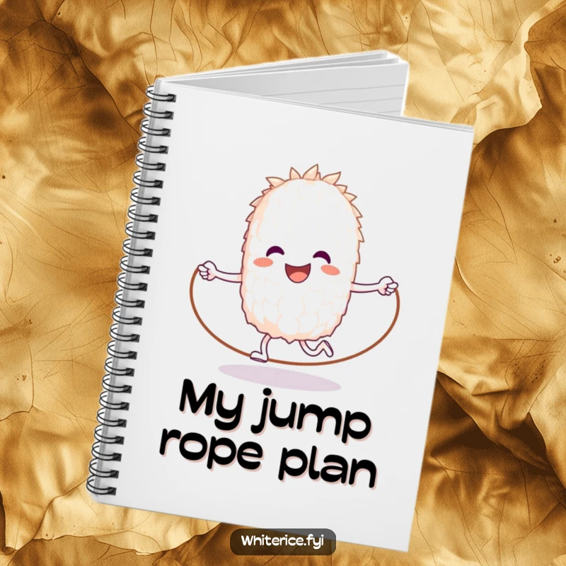 Funny notebook with a happy anthropomorphic grain of rice jumping rope, for writing fitness goals.