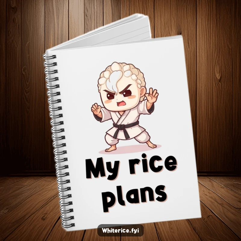 Funny notebook cover with a delighted grain of rice striking a martial arts pose, perfect for jotting down notes.