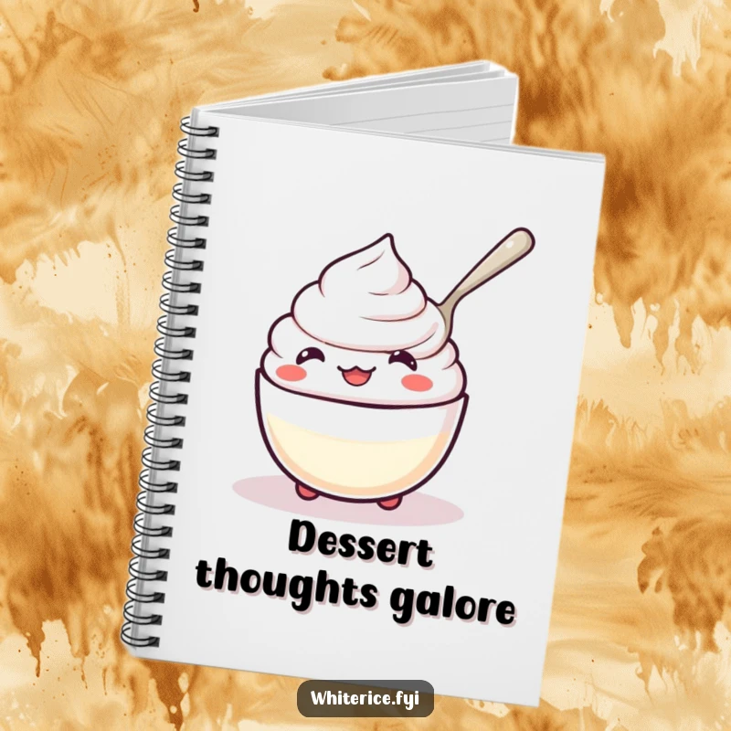 Funny kawaii rice pudding notebook, character happily spooning itself, cute journal for notes.