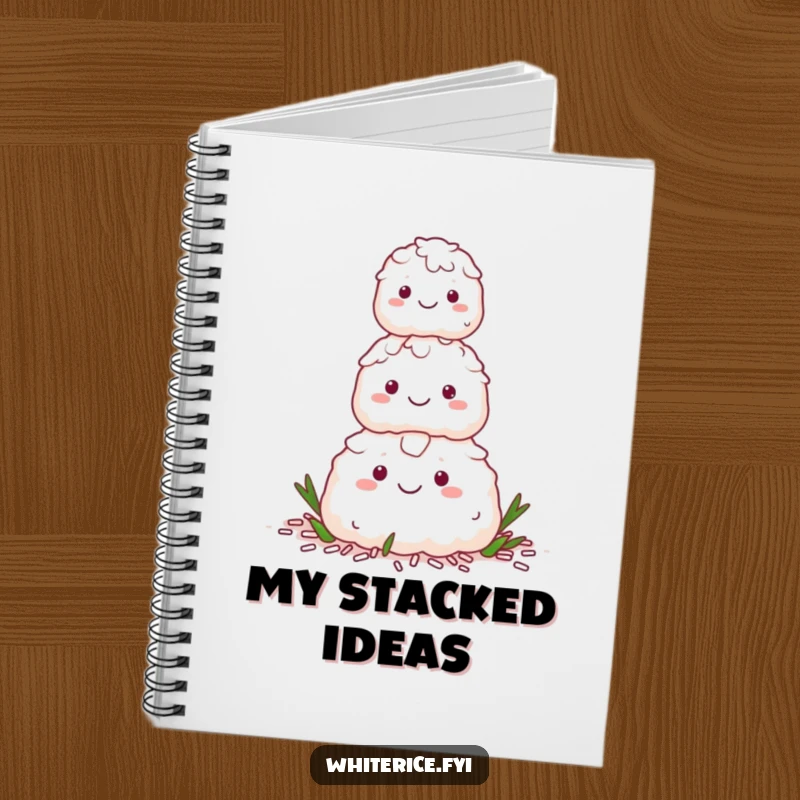 Funny notebook with a happy stack of white rice characters forming a pyramid, designed for harmonious note-taking.