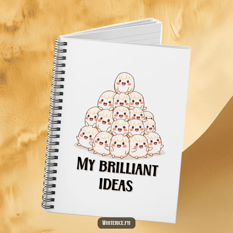Funny notebook cover with a cheerful, wobbly pyramid of smiling rice characters, perfect for jotting down funny ideas.